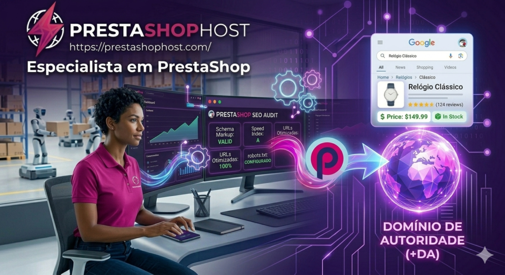 Especialista analisando métricas de SEO em monitores com dados de Schema, velocidade e URLs otimizadas, enquanto uma loja PrestaShop se conecta ao Google e aumenta autoridade de domínio
