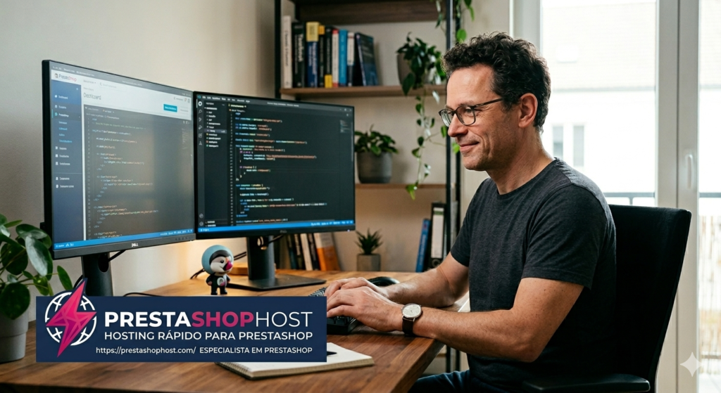 Desenvolvedor sênior PrestaShop trabalhando em um ambiente de escritório doméstico profissional com dois monitores mostrando código e o painel PrestaShop, com o banner da marca PrestaShopHost.com visível.