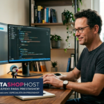 Desenvolvedor PrestaShop: o que faz, quando contratar e como escolher o profissional ideal Desenvolvedor sênior PrestaShop trabalhando em um ambiente de escritório doméstico profissional com dois monitores mostrando código e o painel PrestaShop, com o banner da marca PrestaShopHost.com visível.