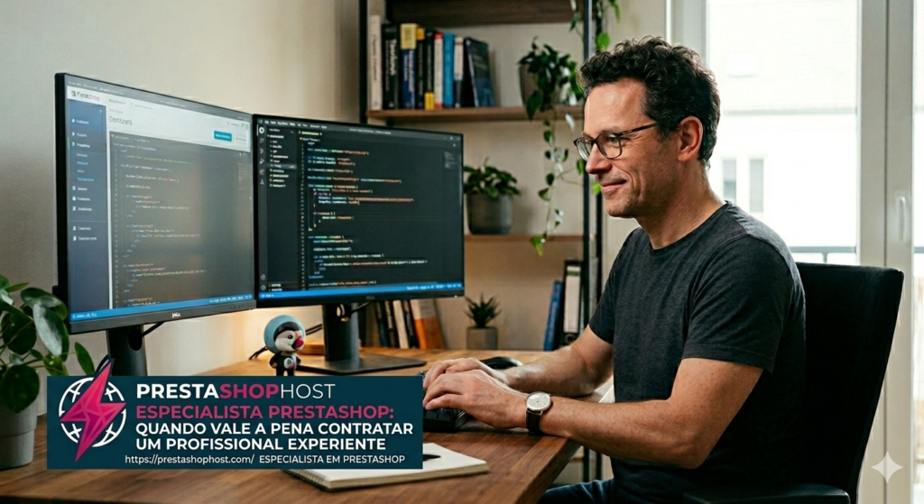 Especialista PrestaShop analisando desempenho e otimizando loja virtual para melhorar performance e vendas