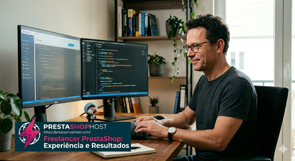Freelancer PrestaShop trabalhando no desenvolvimento e otimização de loja virtual no computador