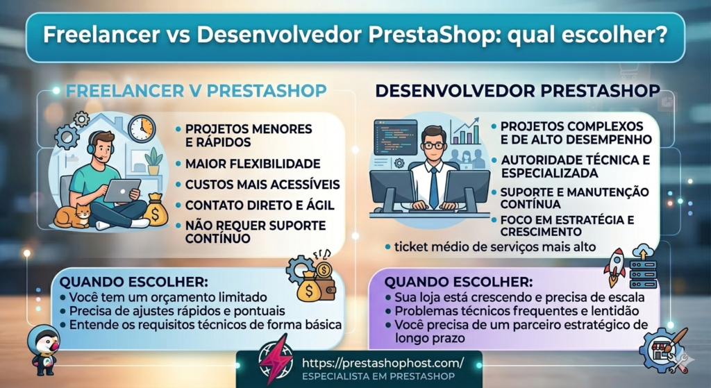 Infográfico comparativo entre um freelancer e um desenvolvedor especialista PrestaShop, mostrando as diferenças em complexidade do projeto, autoridade técnica, suporte contínuo e ticket médio de serviços.