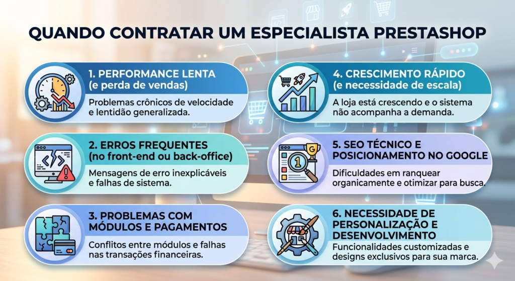Infográfico listando os 6 cenários críticos para contratar um especialista PrestaShop: performance lenta, erros frequentes (erro 500, tela branca), problemas com módulos e pagamentos, crescimento rápido, dificuldade de SEO no Google e necessidade de personalização avançada.