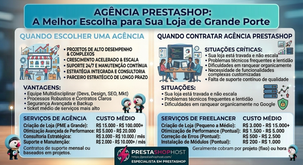 Infográfico comparativo entre Agência PrestaShop e Freelancer, detalhando quando contratar, vantagens de uma equipe multidisciplinar, suporte 24/7 e tabela de custos médios para criação e manutenção de lojas virtuais.