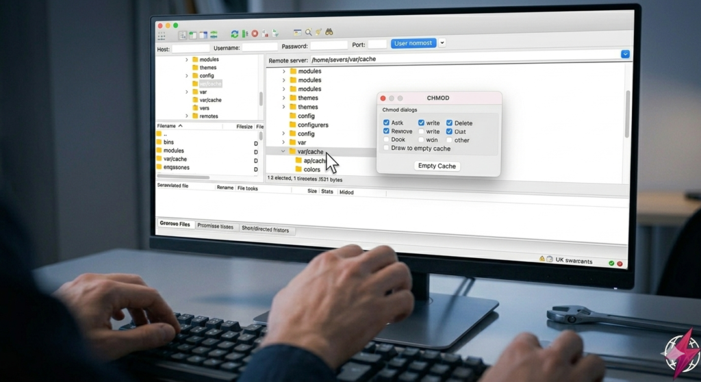 Mãos de um desenvolvedor operando um computador que exibe uma interface de cliente FTP organizando arquivos. O cursor do mouse está pairando sobre a pasta 'var/cache', com um diálogo CHMOD visível.