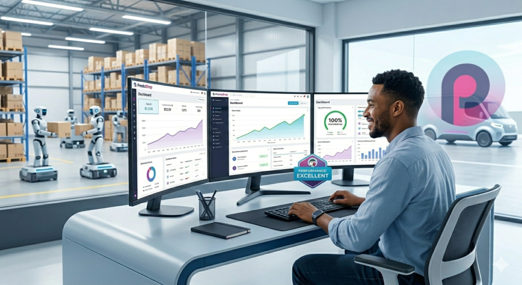 Um desenvolvedor web sorrindo em um escritório moderno, olhando para dois monitores com gráficos de vendas crescentes e um score de 'PERFORMANCE: EXCELLENT' no dashboard PrestaShop 8. Ao fundo, um armazém automatizado e a logo PrestaShop.