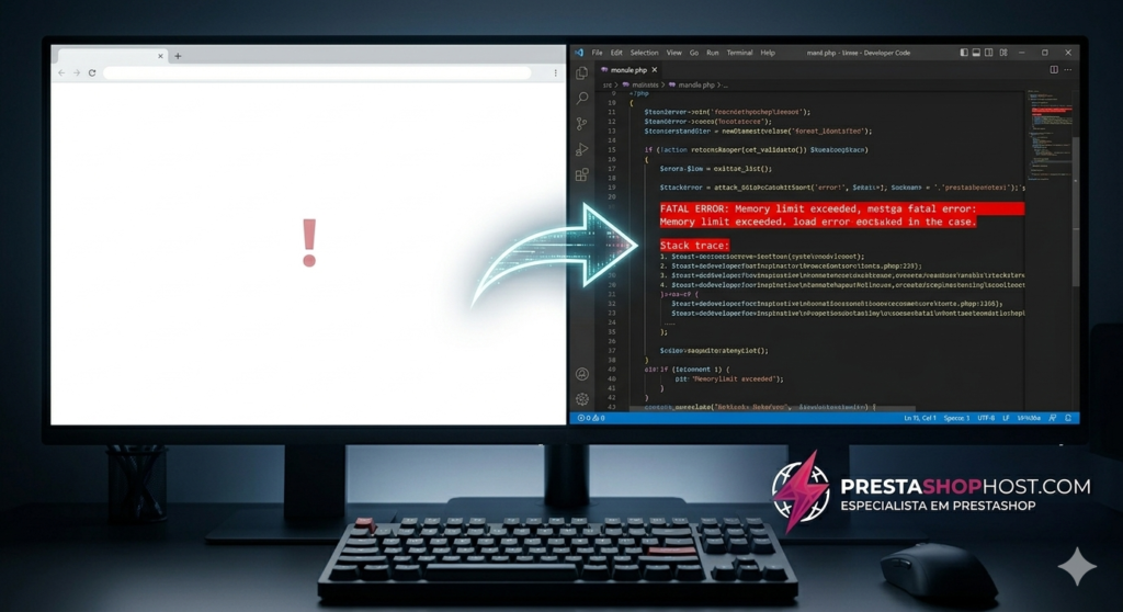 Close-up de um monitor de desenvolvedor com tela dividida. O lado esquerdo está em branco; o lado direito mostra código PHP com erros fatais destacados em vermelho.