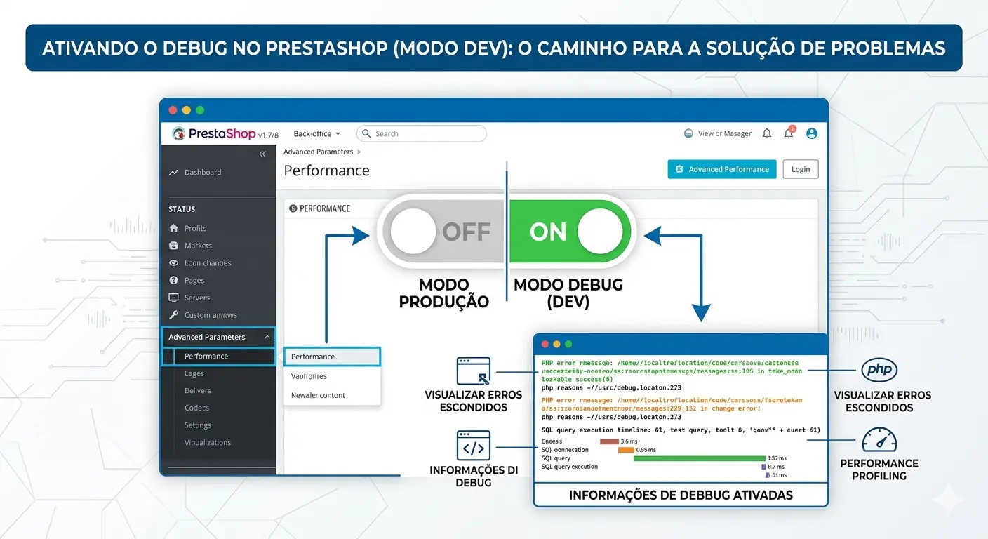 Ativar modo debug no PrestaShop via painel de Parâmetros Avançados e Desempenho.