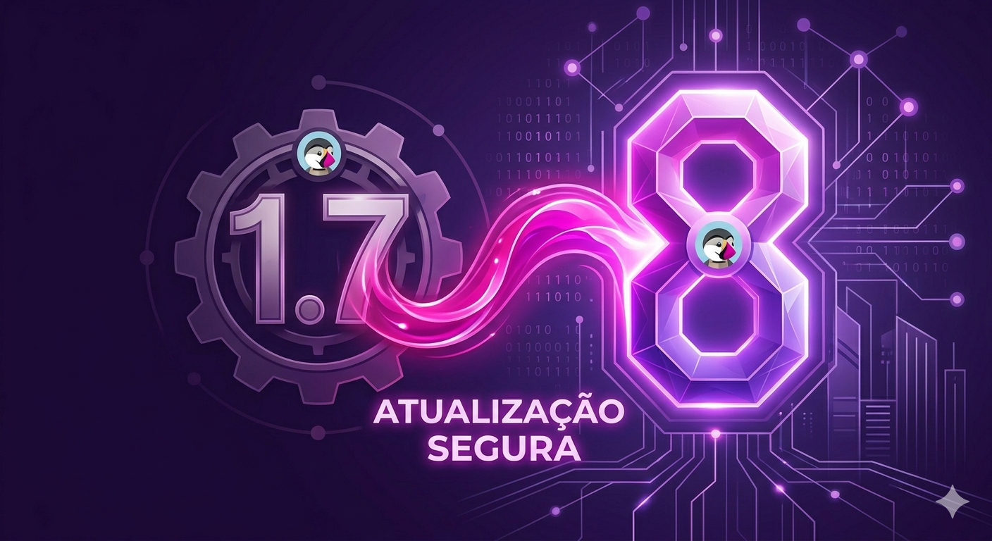 Uma representação visual do upgrade de PrestaShop. Um fluxo de energia magenta brilhante conecta um número '1.7' clássico e dimmer a um número '8' grande, facetado e intensamente brilhante. O fundo mostra uma paisagem digital de dados e estruturas.