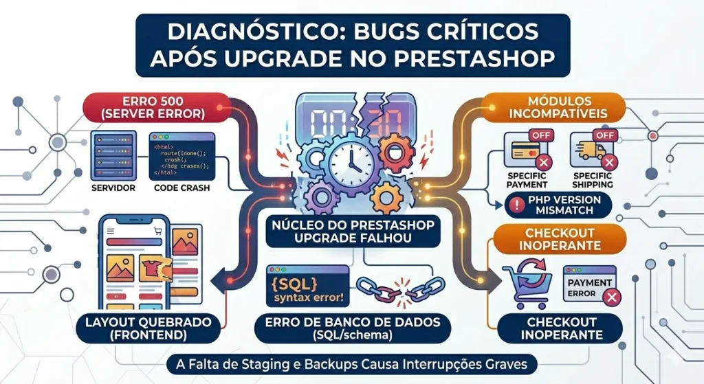 Bugs após upgrade PrestaShop: guia completo para resolver erros e evitar problemas 1 Problemas após upgrade do PrestaShop: erro 500, tela branca e layout quebrado.