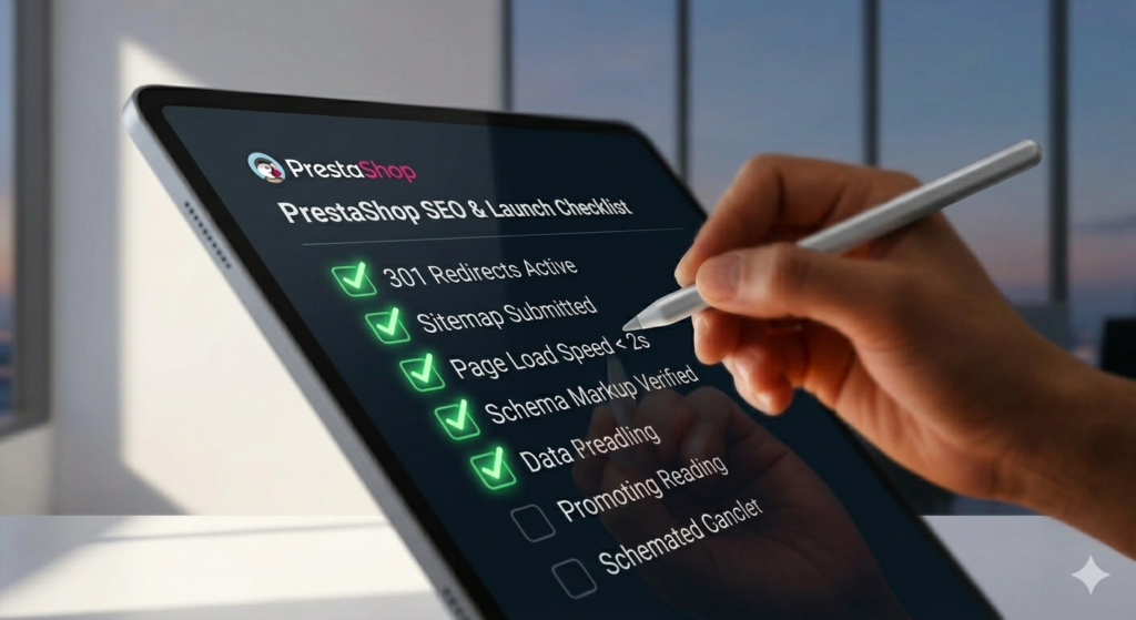 Como Migrar para PrestaShop 8: Guia Completo de SEO, Performance e Infraestrutura 3 Close-up de uma mão usando uma caneta stylus para marcar itens em um tablet exibindo um Checklist de SEO e Lançamento PrestaShop com checkmarks verdes.