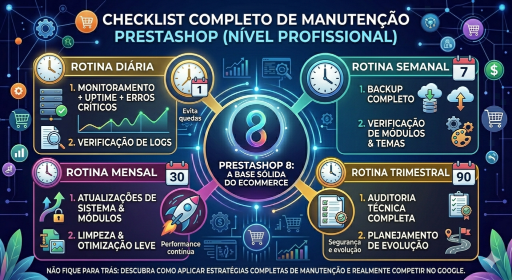 Infográfico de e-commerce "Checklist Completo de Manutenção PrestaShop (Nível Profissional)" com design moderno e tecnológico. No centro, o logo do PrestaShop 8 e a frase "A base sólida do e-commerce". Quatro quadrantes coloridos detalham rotinas de manutenção: Diária (Monitoramento de Uptime), Semanal (Backup, Verificação de Módulos), Mensal (Atualizações, Limpeza, Otimização de Imagens) e Trimestral (Auditoria Técnica, Planejamento de Evolução). Inclui ícones de relógios, calendários, nuvInfográfico de e-commerce "Checklist Completo de Manutenção PrestaShop (Nível Profissional)" com design moderno e tecnológico. No centro, o logo do PrestaShop 8 e a frase "A base sólida do e-commerce". Quatro quadrantes coloridos detalham rotinas de manutenção: Diária (Monitoramento de Uptime), Semanal (Backup, Verificação de Módulos), Mensal (Atualizações, Limpeza, Otimização de Imagens) e Trimestral (Auditoria Técnica, Planejamento de Evolução). Inclui ícones de relógios, calendários, nuvens de backup e gráficos de performance.ens de backup e gráficos de performance.