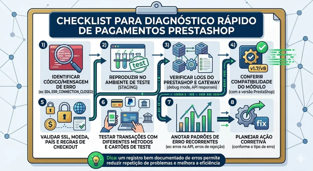 Checklist técnico para identificar e corrigir falhas de pagamento no PrestaShop rapidamente.