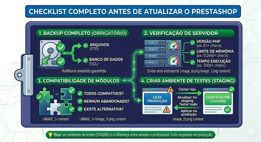 Erros de atualização PrestaShop: causas, soluções e como evitar problemas na sua loja 2 Checklist completo de segurança antes de atualizar o PrestaShop: Backup, Servidor, Módulos e Staging.