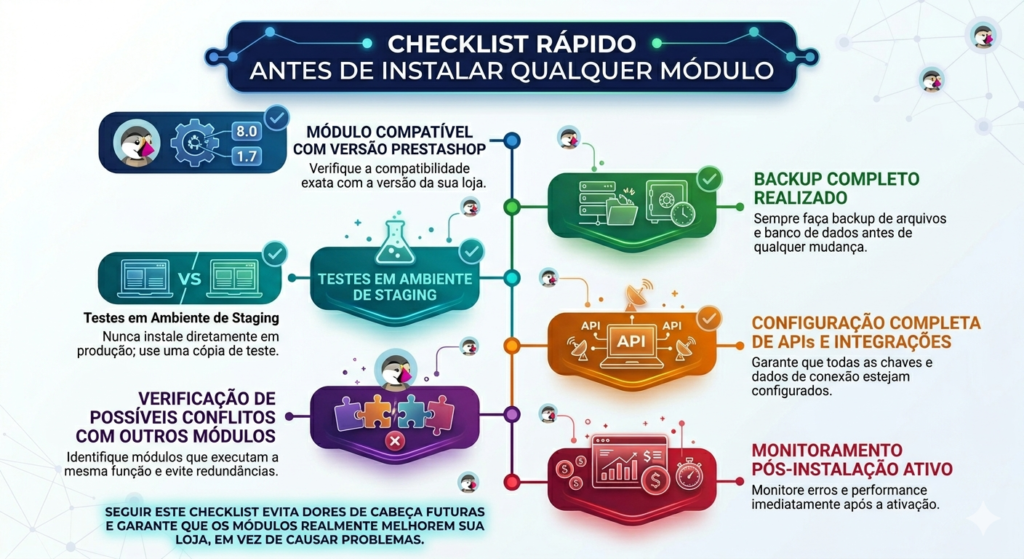 Melhores módulos PrestaShop: guia completo para melhorar sua loja 2 Infográfico mostrando um checklist rápido de 6 passos antes de instalar qualquer módulo PrestaShop: compatibilidade de versão, backup completo, testes em staging, APIs/integrações, verificação de conflitos e monitoramento pós-instalação.