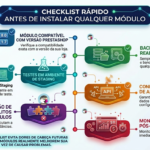 Infográfico mostrando um checklist rápido de 6 passos antes de instalar qualquer módulo PrestaShop: compatibilidade de versão, backup completo, testes em staging, APIs/integrações, verificação de conflitos e monitoramento pós-instalação.