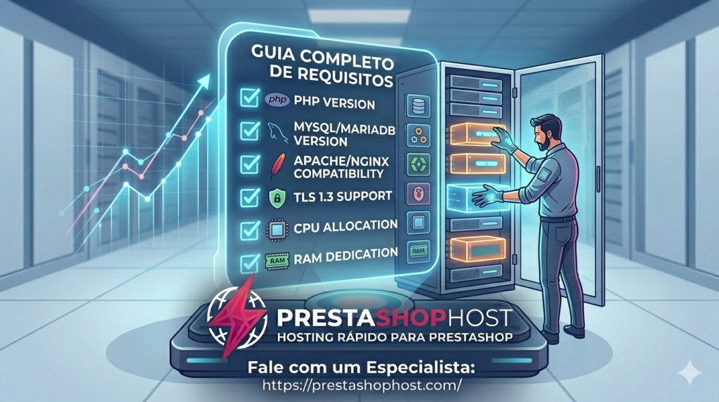 Requisitos de Servidor PrestaShop: Guia Completo 2 Infográfico dinâmico mostrando uma lista holográfica de tarefas de requisitos de servidor (PHP, Banco de Dados, Apache/Nginx, Memória) sendo ajustadas por um especialista com luvas de luz, garantindo que o logo completo da PrestaShopHost e o ponto de contato "Fale com um Especialista" estejam visíveis na base.