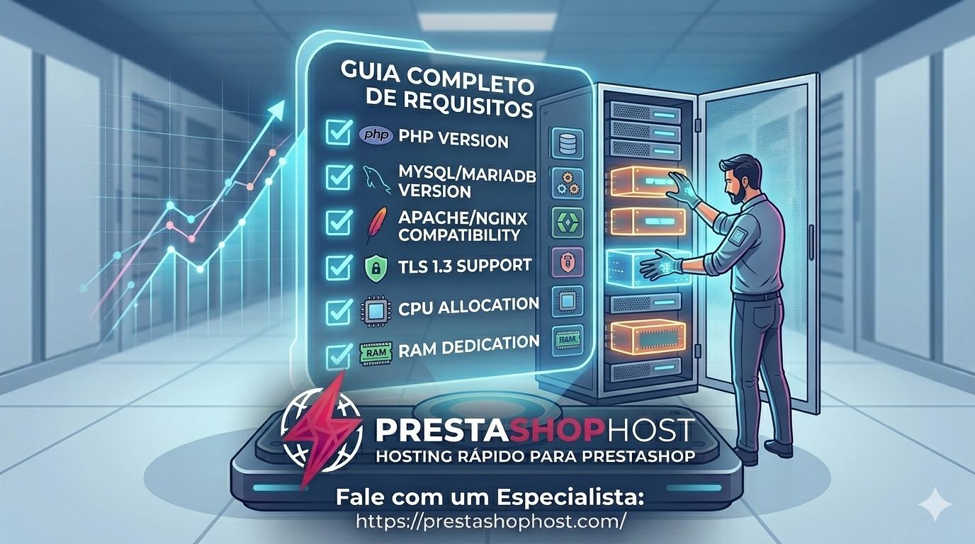 Infográfico dinâmico mostrando uma lista holográfica de tarefas de requisitos de servidor (PHP, Banco de Dados, Apache/Nginx, Memória) sendo ajustadas por um especialista com luvas de luz, garantindo que o logo completo da PrestaShopHost e o ponto de contato "Fale com um Especialista" estejam visíveis na base.