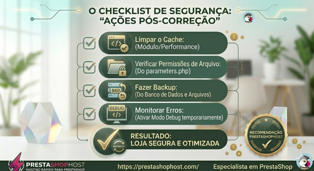 Infográfico em tons de verde e azul com a marca PrestaShopHost listando tarefas de limpeza de cache, permissões de arquivo, backup e monitoramento com o selo "Recomendação PrestaShopHost".