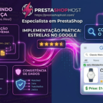 Infográfico mostrando Schema, avaliações reais e consistência de dados levando a produto com estrelas no Google.