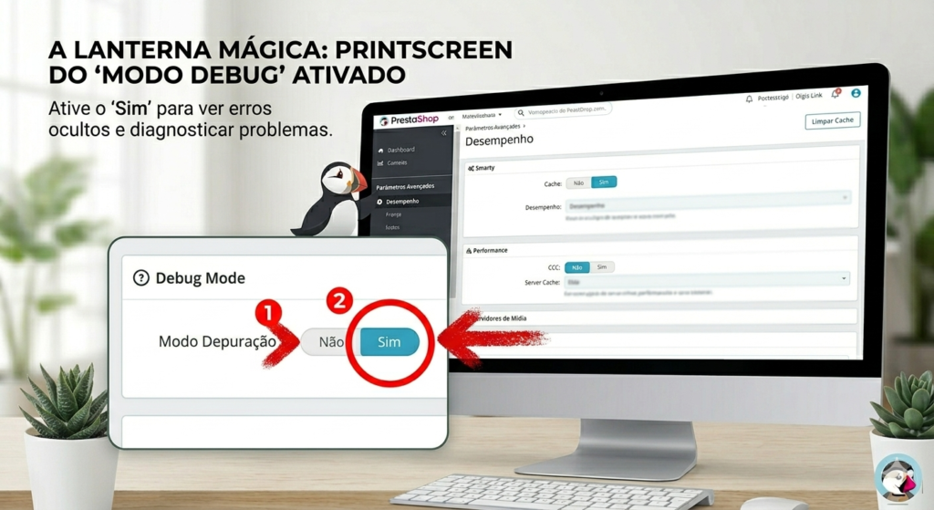 Erro de permissão no PrestaShop: como resolver (guia completo e definitivo) 2 Captura de tela anotada do backoffice do PrestaShop na seção de Desempenho, com destaque visual e numeração indicando a ativação do Modo Depuração para exibir erros de código.