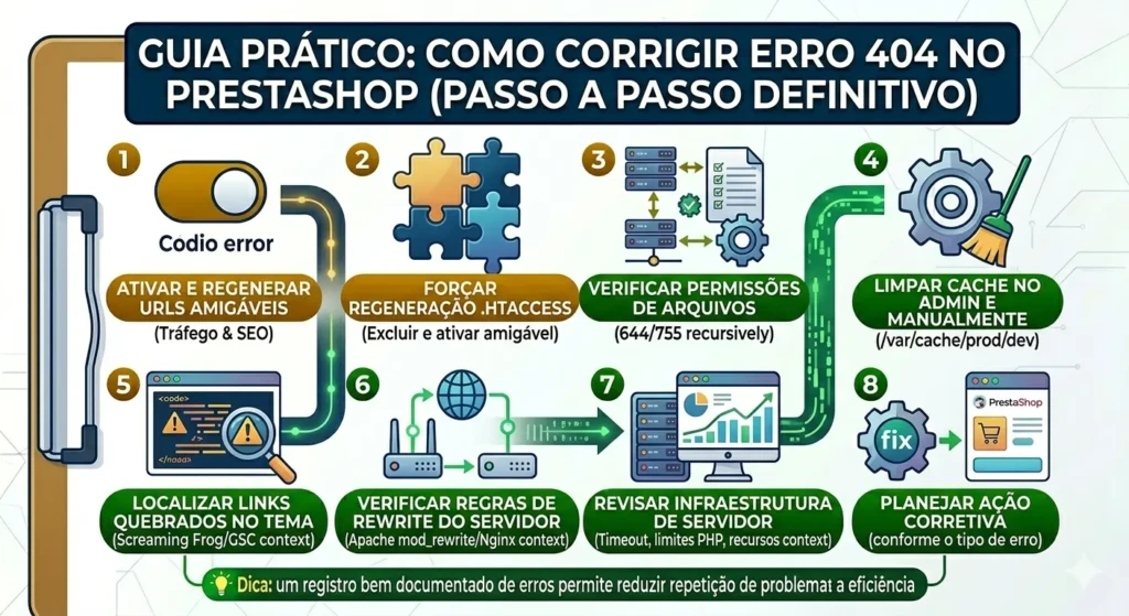 Erro 404 no PrestaShop: Causas, soluções e como corrigir definitivamente 2 Passo a passo para corrigir erro 404 no PrestaShop regenerando URLs amigáveis.