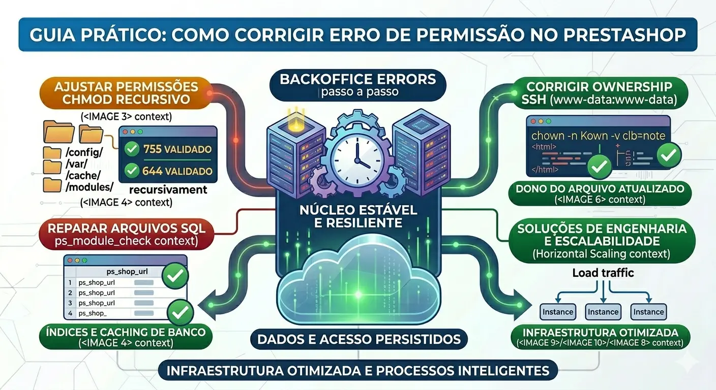 Tutorial de permissões de arquivos PrestaShop: 755 para pastas e 644 para arquivos.