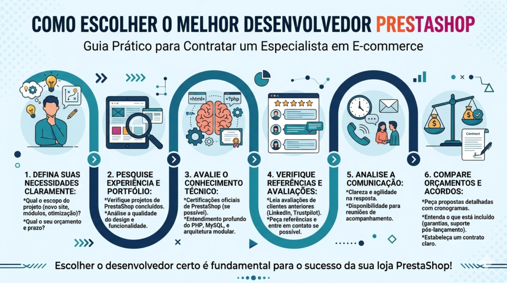 Fluxograma de 6 passos para contratar um desenvolvedor: definição de necessidades, pesquisa de portfólio, avaliação de stack técnica (PHP, MySQL), checagem de referências, análise de comunicação e comparação de orçamentos.