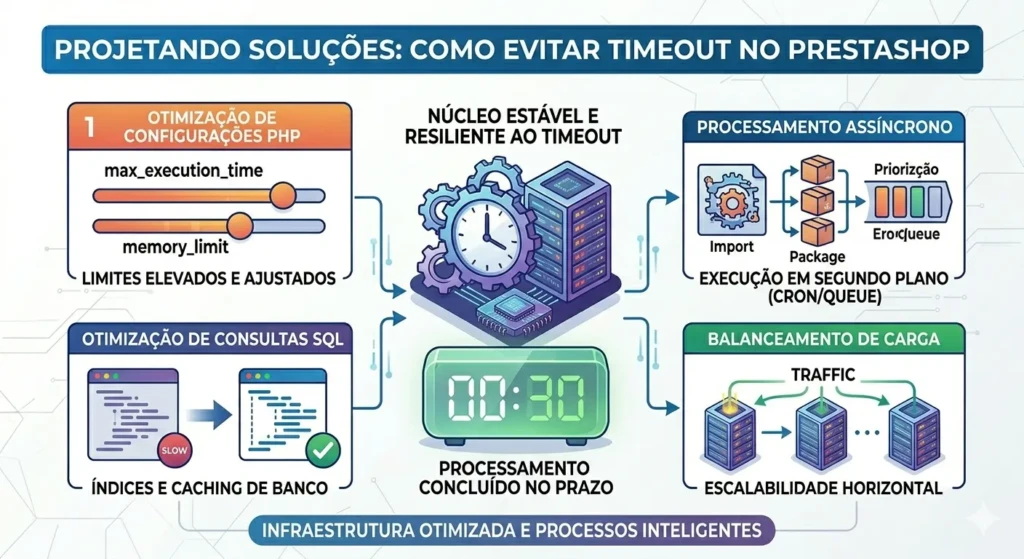 Como evitar timeout no PrestaShop otimizando limites de PHP e banco de dados.