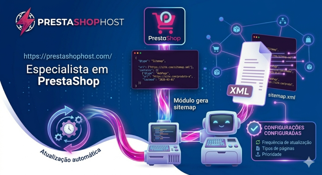Infográfico com JSON-LD e máquina automatizada gerando sitemap XML no PrestaShop.