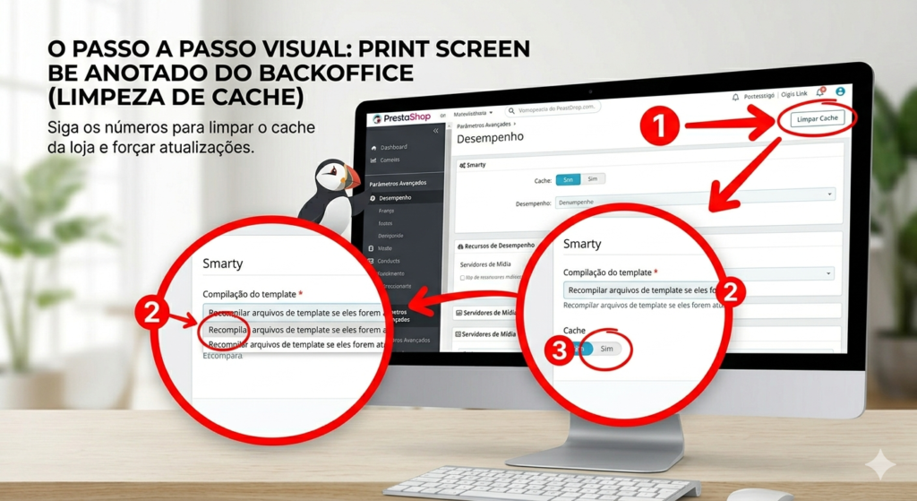 Captura de tela do painel de Desempenho do PrestaShop com setas vermelhas e números indicando como limpar o cache e configurar a compilação do Smarty.