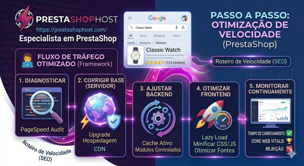 Infográfico com etapas para melhorar a velocidade do PrestaShop incluindo diagnóstico, servidor, cache, frontend e monitoramento.
