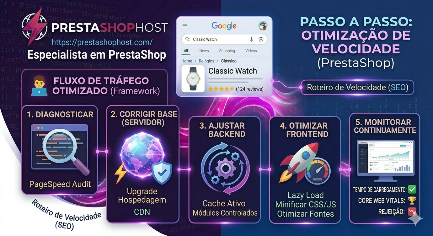 Infográfico com etapas para melhorar a velocidade do PrestaShop incluindo diagnóstico, servidor, cache, frontend e monitoramento.