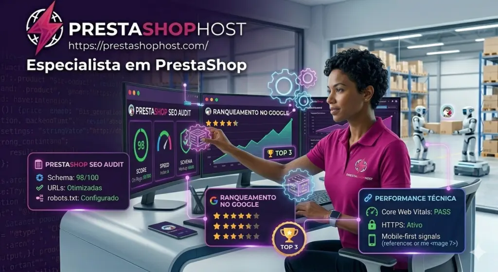 Desenvolvedor PrestaShop: Contrate um Especialista para Corrigir Erros e Aumentar suas Vendas 4 Especialista analisando SEO do PrestaShop em múltiplas telas com métricas de ranqueamento, performance e auditoria técnica.