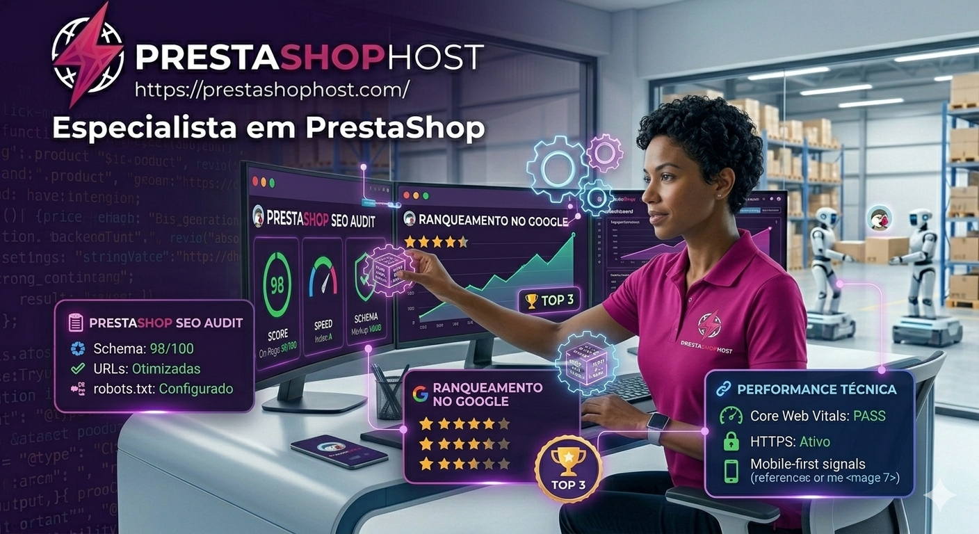 Especialista analisando SEO do PrestaShop em múltiplas telas com métricas de ranqueamento, performance e auditoria técnica.