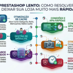 Infográfico visual com 6 soluções para PrestaShop lento: otimização de cache (Redis/Memcached), gestão de módulos, performance do servidor, conexões e APIs rápidas, otimização de imagens (WebP) e segurança.