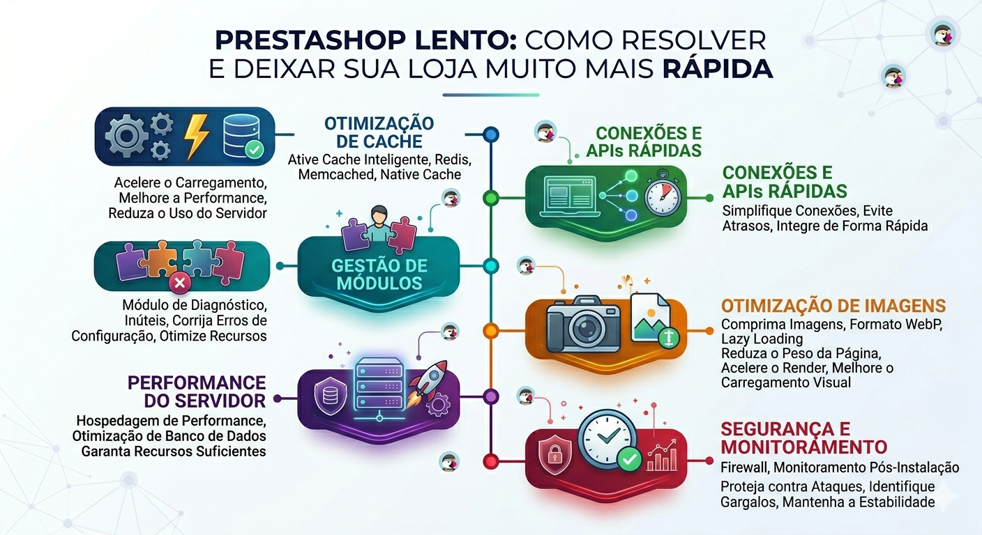 Infográfico visual com 6 soluções para PrestaShop lento: otimização de cache (Redis/Memcached), gestão de módulos, performance do servidor, conexões e APIs rápidas, otimização de imagens (WebP) e segurança.