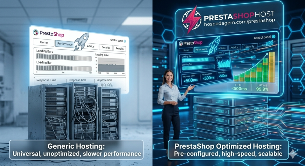Melhor Hospedagem PrestaShop: Escolha Certa para Velocidade, Estabilidade e Crescimento 3 Um infográfico comparativo dividido: o lado esquerdo em azul frio mostra um cockpit lento e hexágonos fracos; o lado direito em azul vibrante e magenta exibe um cockpit ultra-rápido, hexágonos sólidos e o logo PrestaShopHost suportando o crescimento.