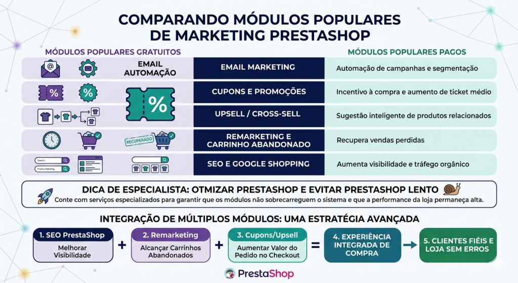 Módulos de Marketing PrestaShop: como aumentar vendas na sua loja 2 Infográfico comparando módulos populares de marketing PrestaShop gratuitos e pagos: email marketing, cupons, upsell/cross-sell, remarketing e SEO/Google Shopping, com dicas de otimização e estratégia integrada de compra.