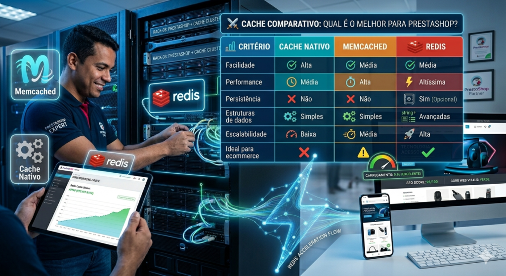 Infográfico comparativo de cache para PrestaShop: tabela mostrando Cache Nativo, Memcached e Redis, com técnico e resultados rápidos de e-commerce no site.