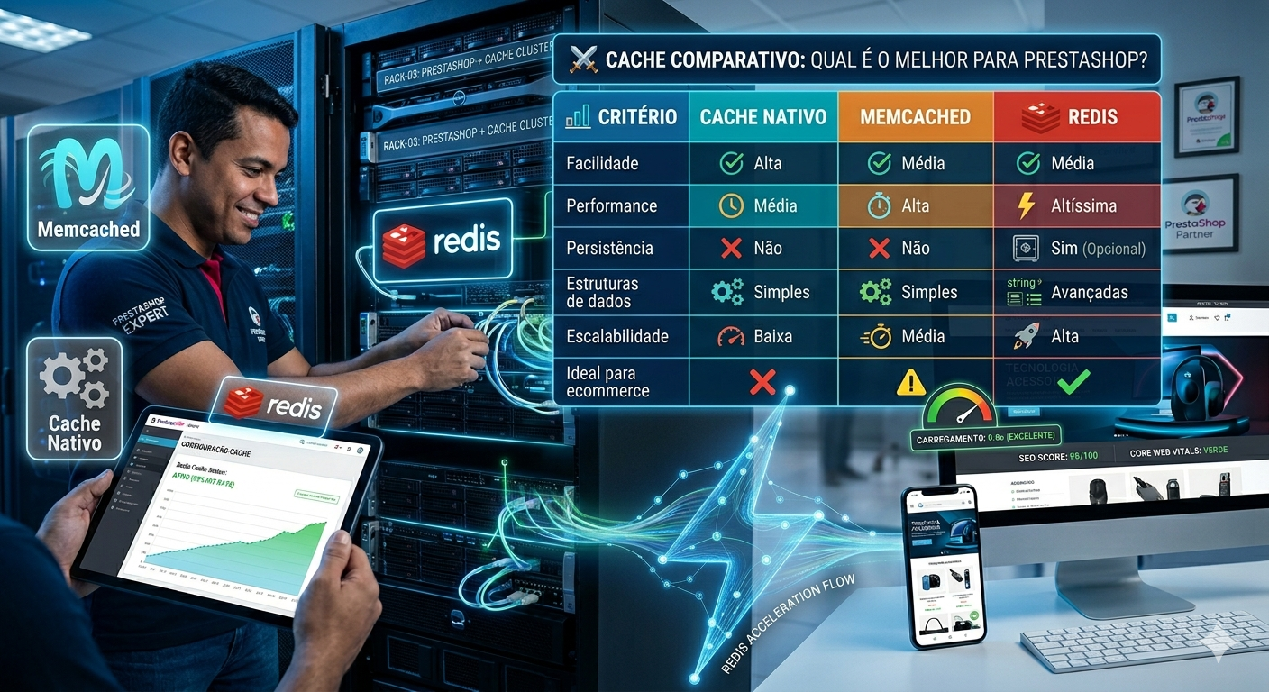 Infográfico comparativo de cache para PrestaShop: tabela mostrando Cache Nativo, Memcached e Redis, com técnico e resultados rápidos de e-commerce no site.