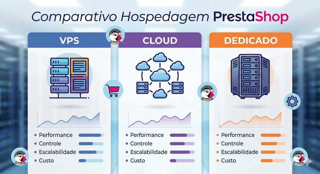 Infográfico comparativo de hospedagem PrestaShop mostrando três colunas com ícones e gráficos para VPS, Cloud e Servidor Dedicado, destacando as diferenças de performance, controle, escalabilidade e custo.