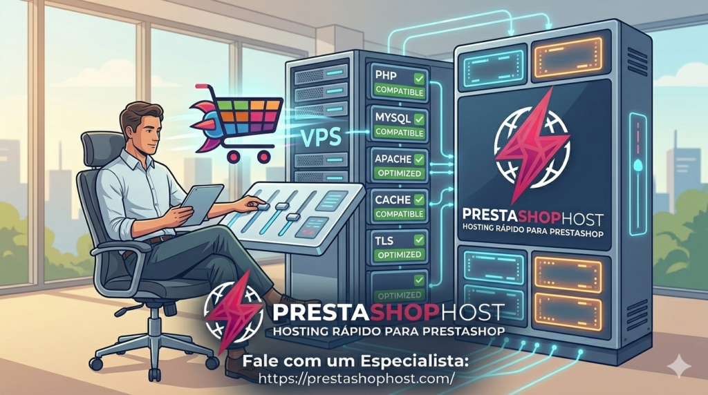 Requisitos de Servidor PrestaShop: Guia Completo 4 Ilustração de um lojista relaxado operando um painel de controle simples em um tablet, onde a plataforma VPS é representada como um motor poderoso e silencioso integrado com blocos de recursos "Compatíveis" e "Otimizados", com o logo completo da PrestaShopHost e o ponto de contato "Fale com um Especialista" visíveis na base.
