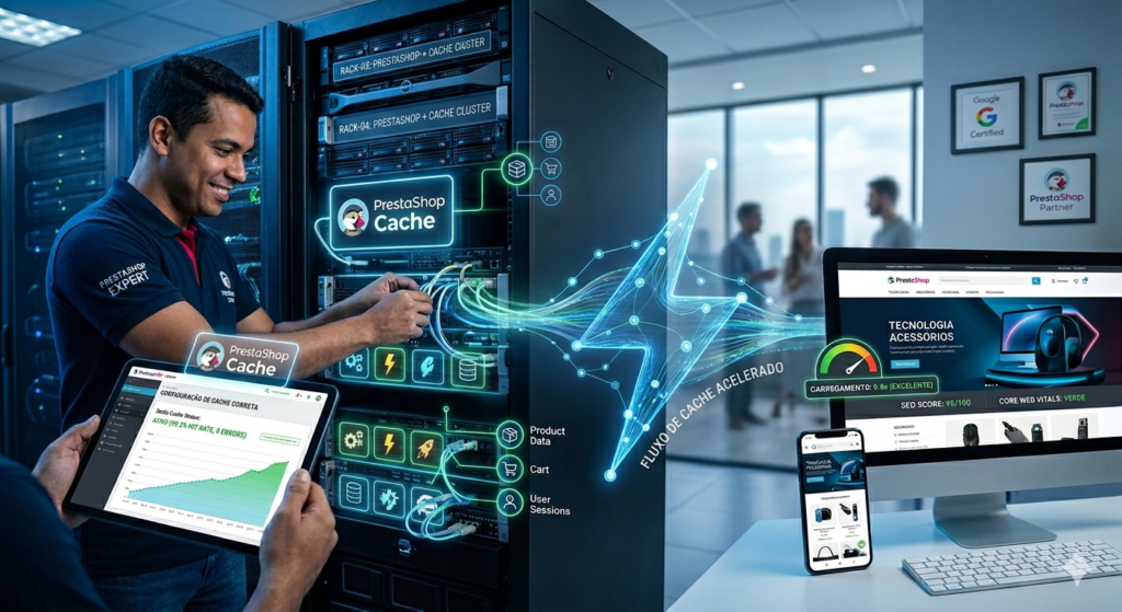 Especialista configurando o sistema de cache do PrestaShop no servidor, mostrando fluxo de dados acelerado e melhoria imediata no tempo de carregamento do site.
