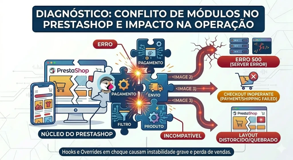 Conflito de Módulos PrestaShop: como identificar, corrigir e evitar erros graves na sua loja 1 Conflito entre módulos no PrestaShop gerando instabilidade e erros de sistema.