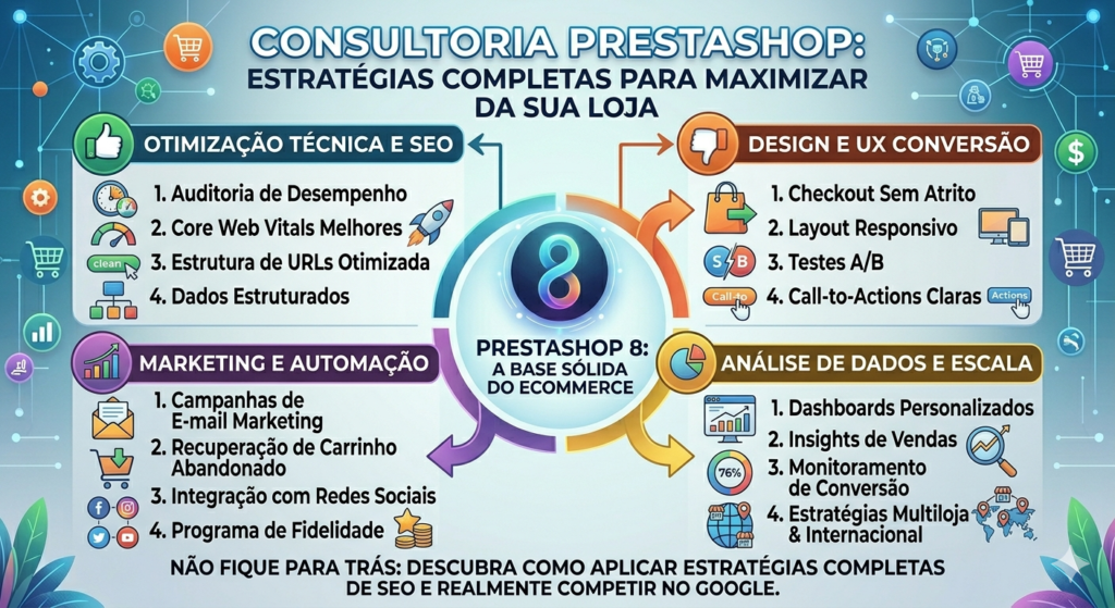 Infográfico de Consultoria PrestaShop apresentando quatro pilares estratégicos: Otimização Técnica e SEO, Design e UX para Conversão, Marketing e Automação, e Análise de Dados e Escala. Inclui tópicos como Core Web Vitals, Testes A/B e Recuperação de Carrinho.