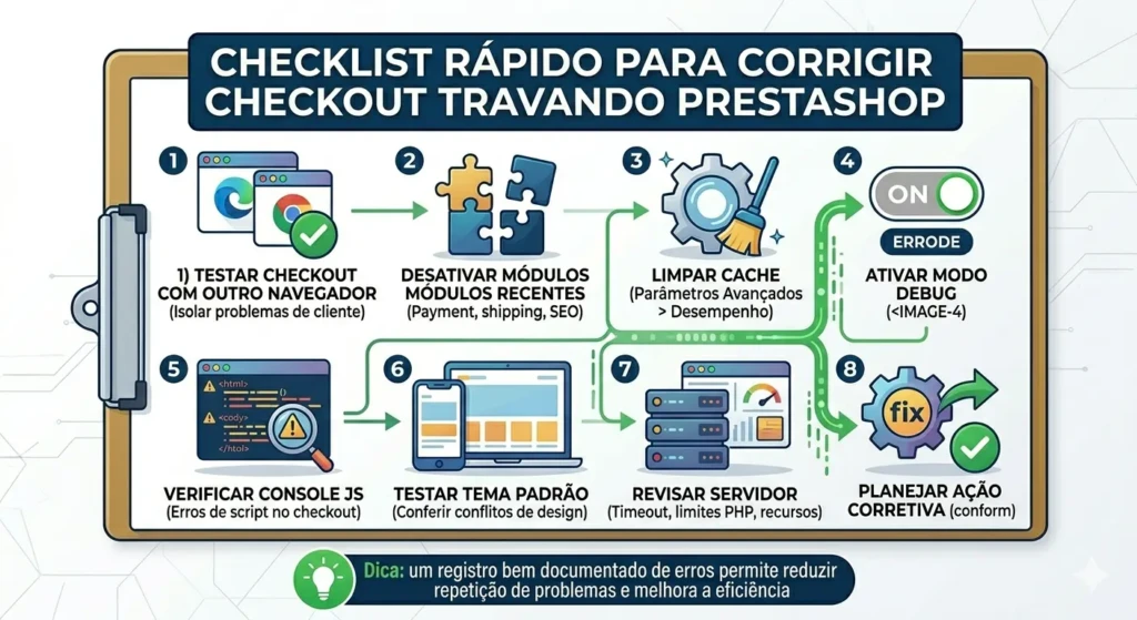 Checklist para corrigir erros de checkout e garantir uma compra rápida no PrestaShop.