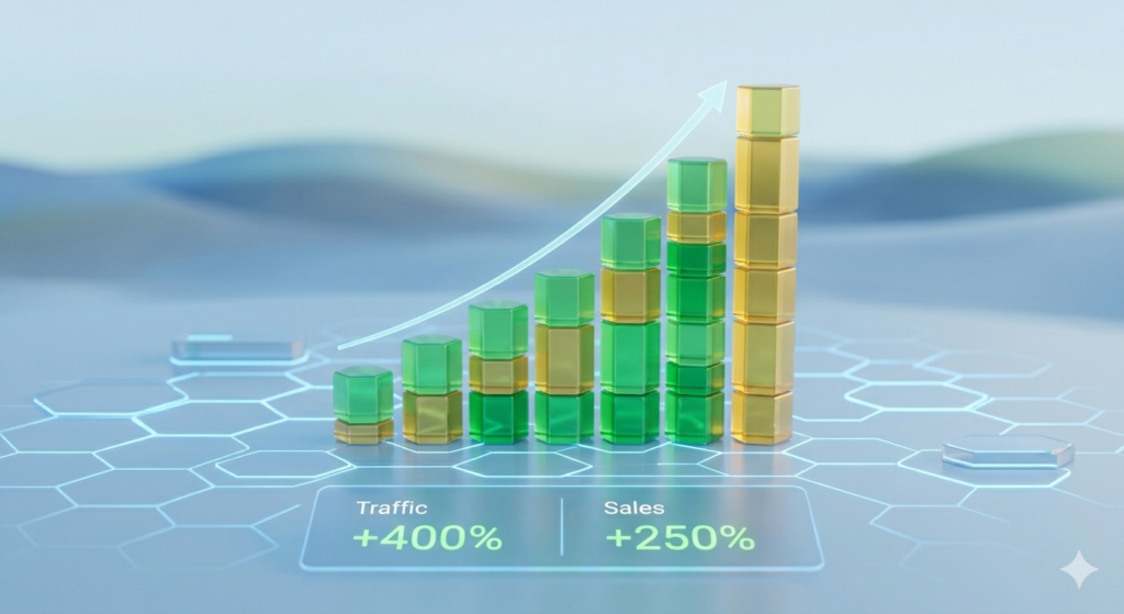 Melhor Hospedagem PrestaShop: Escolha Certa para Velocidade, Estabilidade e Crescimento 8 Gráfico de barras ascendentes em 3D feito de cubos dourados e verdes, mostrando métricas de tráfego e vendas.