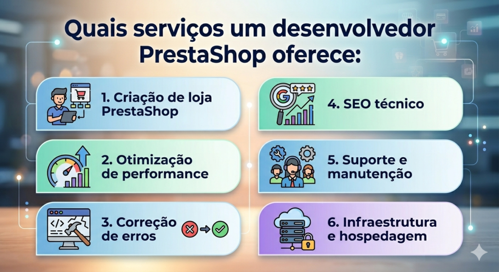 Serviços de desenvolvedor PrestaShop incluindo criação de loja, otimização, SEO e correção de erros
