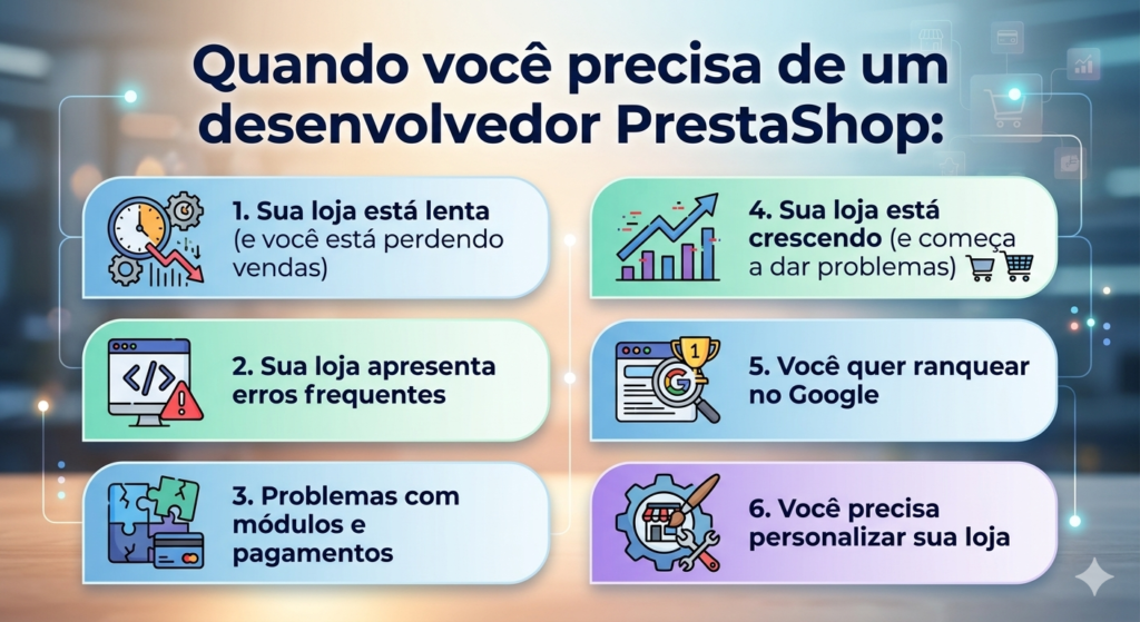 Imagem ilustrativa representando os principais serviços oferecidos por um desenvolvedor PrestaShop, incluindo criação de lojas virtuais, personalização de funcionalidades, otimização de performance, implementação de SEO técnico e correção de erros. Esses serviços são essenciais para garantir que o e-commerce funcione com eficiência, segurança e alto desempenho, proporcionando melhor experiência ao usuário e aumento nas vendas.